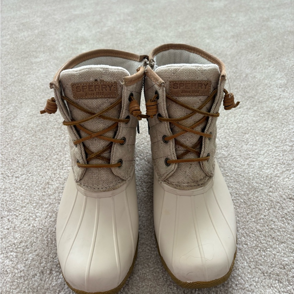 Sperry Cream and Tan Waterproof Duck Boots